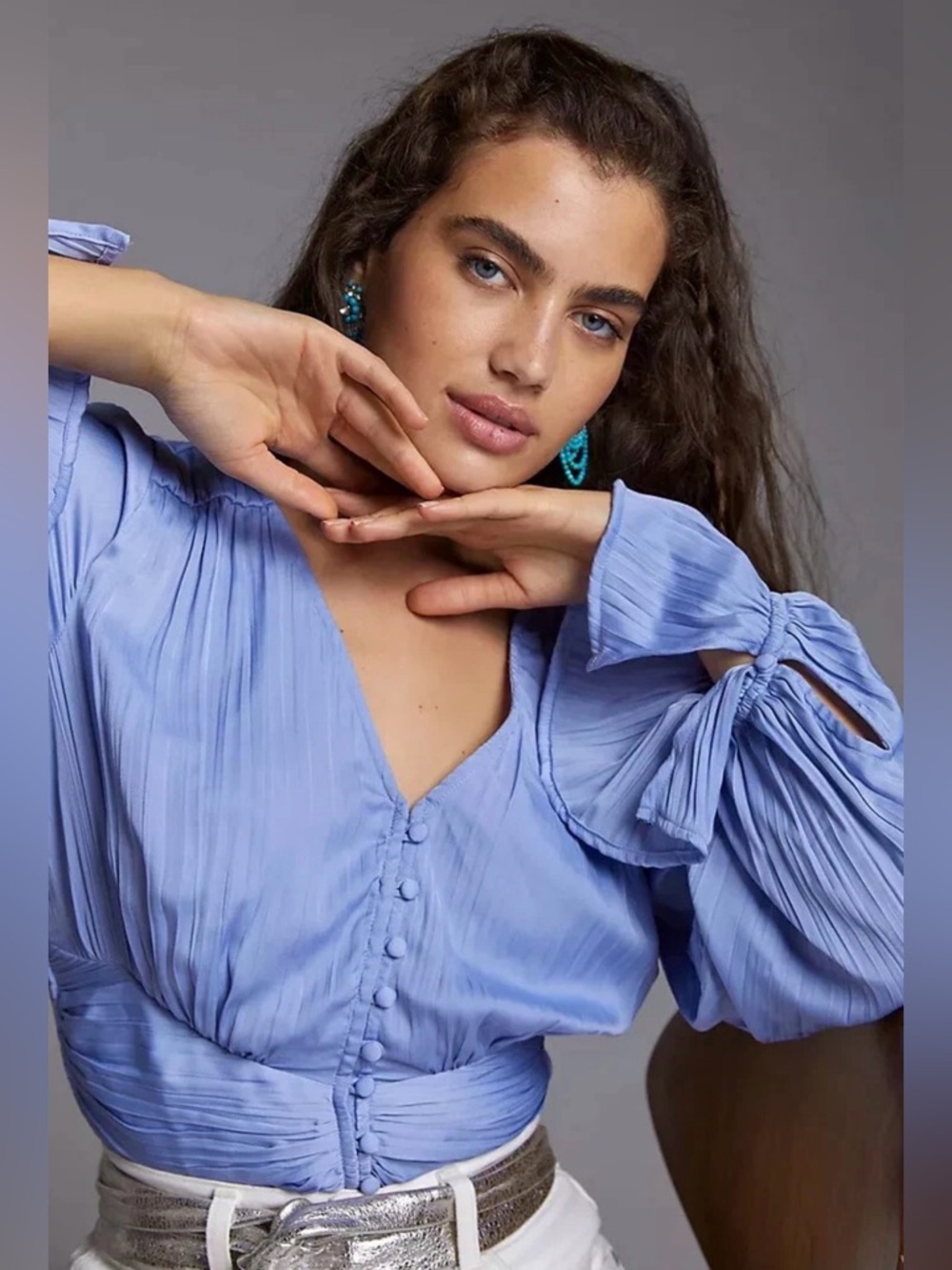 ANTHROPOLOGIE Satin Long Sleeve Ruched Top PERIWINKLE BLUE PLEATED PLISSÉ FABRIC